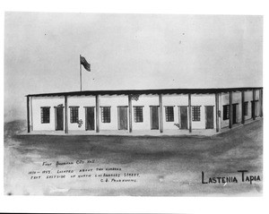 Drawing by Lastenia Tapia(?) of the first American Los Angeles City Hall, an adobe building located about 200 feet east of North Los Angeles Street