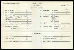 WPA Low income housing area survey data card 123, serial 19201