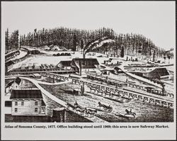 Illustration of Heald and Guerne Mill, First Street and Mill Street, Guerneville, California, 1877