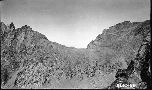 Trail routes, Talus slopes looking northwest from Harrison Pass showing saddle north of Mt. Stanford