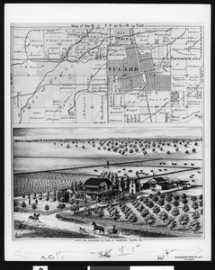 Map of Tulare County with a drawing of the ranch and residence of Thomas H. Thompson in Tulare in 1892, 1900-1940