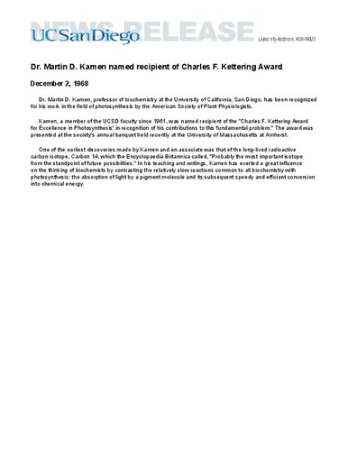 Dr. Martin D. Kamen named recipient of Charles F. Kettering Award