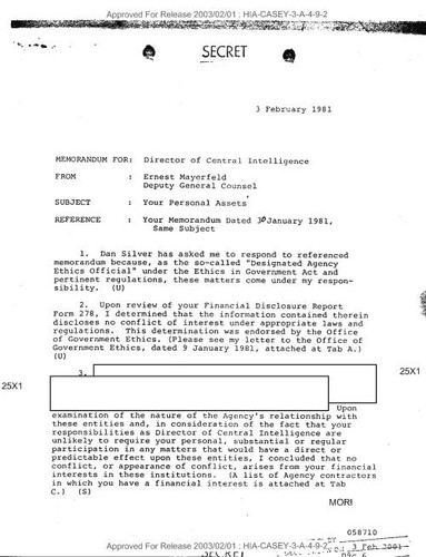Ernest Mayerfeld memo to director of central intelligence regarding your personal assets