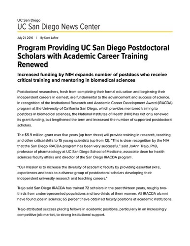 Program Providing UC San Diego Postdoctoral Scholars with Academic Career Training Renewed
