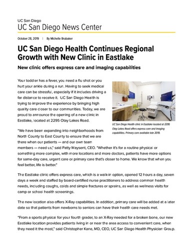 UC San Diego Health Continues Regional Growth with New Clinic in Eastlake