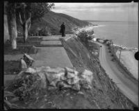 Patio of house overlooking Roosevelt Highway, damaged (or under construction), [Malibu?], 1929-1939