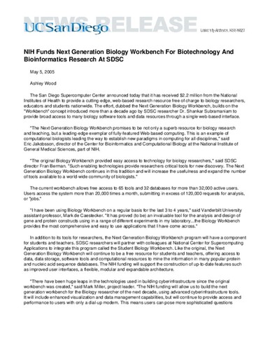 NIH Funds Next Generation Biology Workbench For Biotechnology And Bioinformatics Research At SDSC