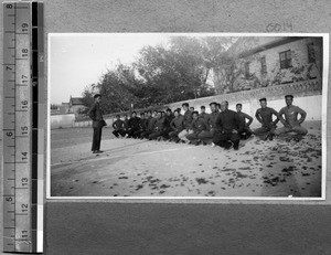 Morning exercises at Harwood Bible Training School, Fenyang, Shanxi, China, ca.1936-37
