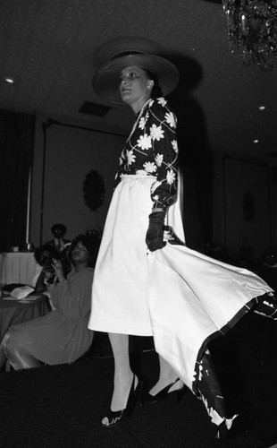 Lula Fields School of Modeling Fashion Show model walking the runway, Los Angeles, 1983