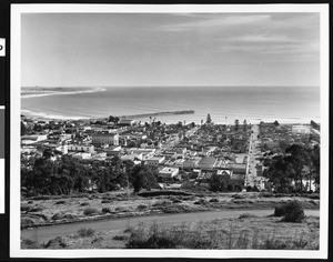 Panoramic view of Ventura looking toward the pier and ocean, ca.1945