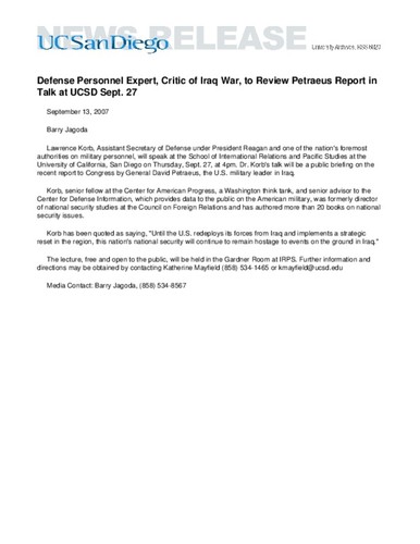 Defense Personnel Expert, Critic of Iraq War, to Review Petraeus Report in Talk at UCSD Sept. 27