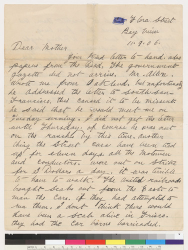Percy Gregory to his Mother, September 11, 1906