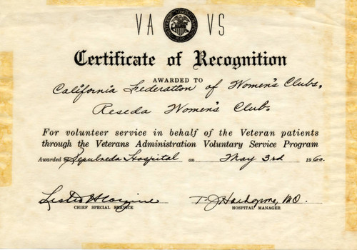 Veterans Administration award to Reseda Woman's Club, 1960