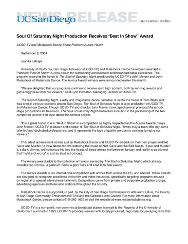 Soul Of Saturday Night Production Receives “Best In Show” Award--UCSD-TV and Malashock Dance Share Platinum Aurora Honor