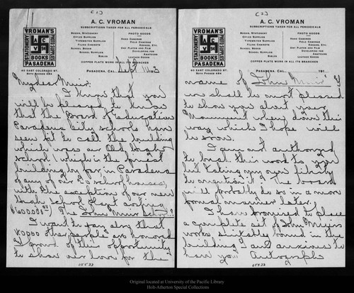 Letter from A. C. Vroman to John Muir, 1913 Sep 10