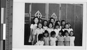 Group portrait of young girls at the Colorado River Relocation Center, Poston, Arizona, ca. 1945