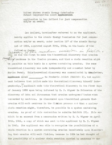 Application by Leo Szilard for just compensation and/or an award