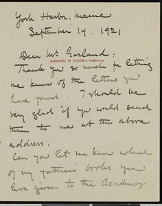Mildred Howells, letter, 1921-09-14, to Hamlin Garland