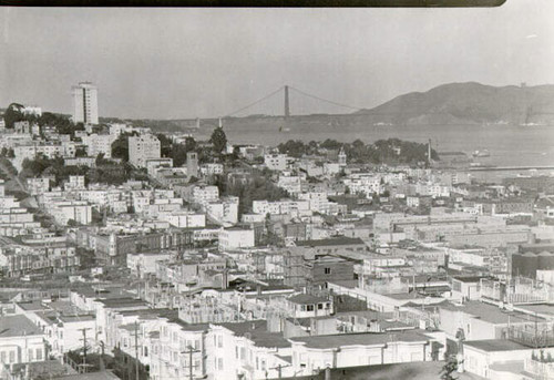 [Aerial view of North Beach overlooking the Golden Gate Bridge]