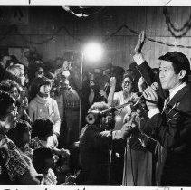 Robert T. (Bob) Matsui thanks his supporters after he is elected to Congress, with wife Doris standing beside him