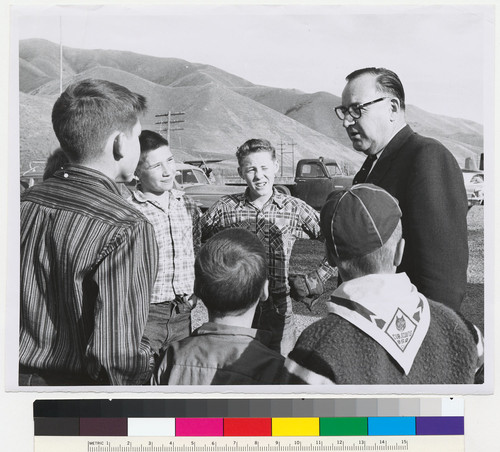 Governor Edmund G. Brown talking to boys