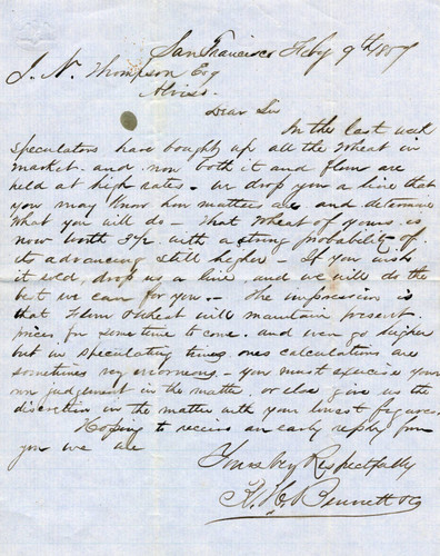 Correspondence 1859, Letter on the wheat harvest in Alviso