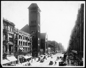 View of Broadway between Second Street and Third Street, showing the old Los Angeles City Hall, ca.1905