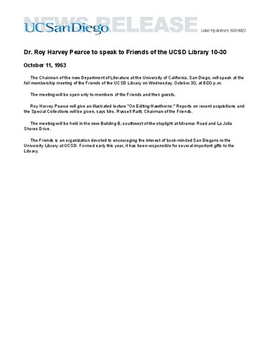 Dr. Roy Harvey Pearce to speak to Friends of the UCSD Library 10-30