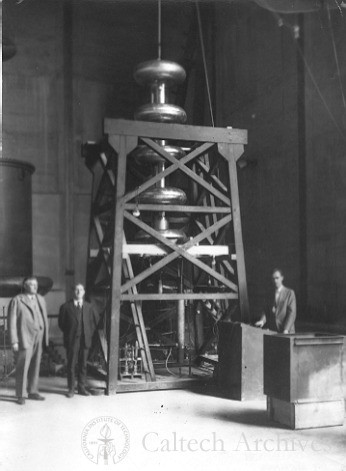 Julius Pearson, C. C. Lauritsen and an unknown man in the high volts lab