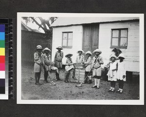 Group portrait of girls wearing Brownie uniforms, Jamaica, ca. 1930