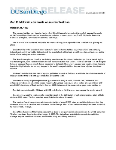 Carl E. McIlwain comments on nuclear test ban