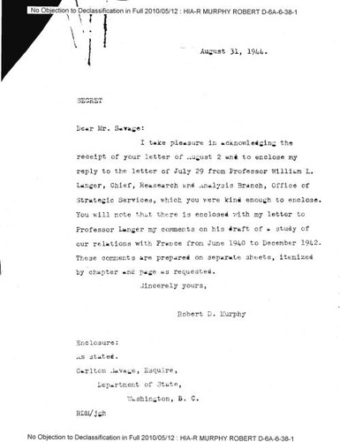 Letter to Carlton Savage, Esquire, from Robert D. Murphy