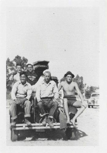 Wataru Okino, Harold Goody and Jack Moore (front row). Blake Turner, Lloyd Ragon (back row) at Pleasure Point