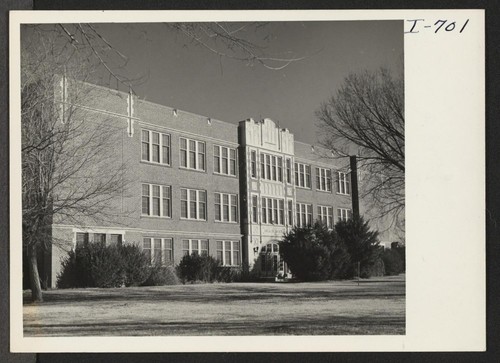 The high school, Hereford, Deaf Smith County, Texas. Numerous opportunities for evacuee truck farmers have developed in this county. Most