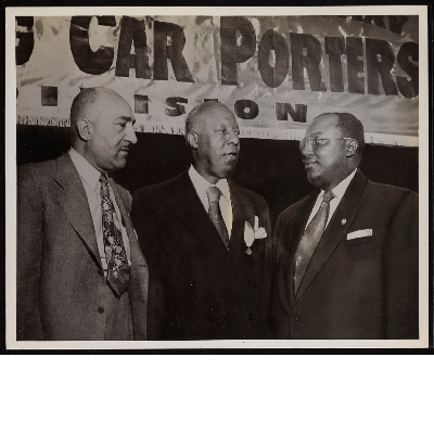 C.L. Dellums, A. Philip Randolph, and unidentified man at 28th anniversary of the Brotherhood of Sleeping Car Porters