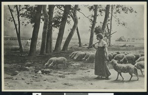 Painting depicting the "The Shepherdess", Henri Le Rolle showing a shepherdess with a flock of sheep, ca. 1900