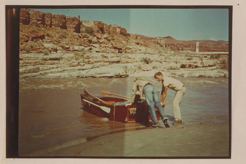 Our first trip was on the San Juan. I joined Dick at Mexican Hat 1948, June 22 and we arrived at Lee's Ferry on 1948, July 15. Just the two of us in one small plywood boat built by Dick {Jim Gifford]