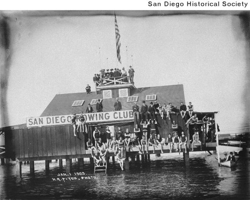 Members of the San Diego Rowing Club at their clubhouse for their New Year's Day swim