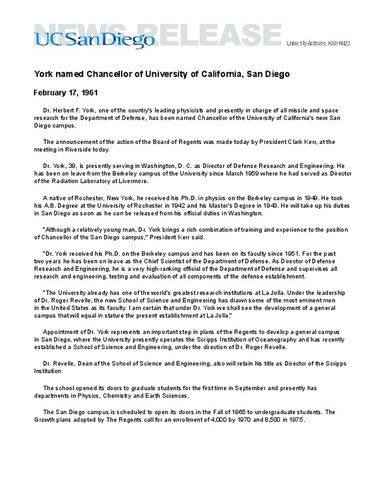 York named Chancellor of University of California, San Diego