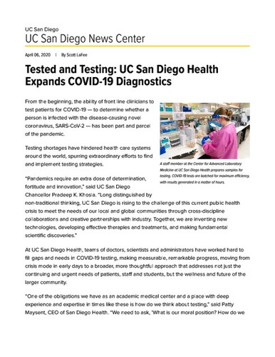 Tested and Testing: UC San Diego Health Expands COVID-19 Diagnostics