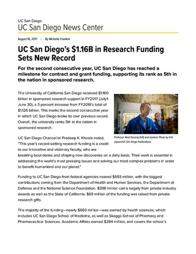 UC San Diego’s $1.16B in Research Funding Sets New Record