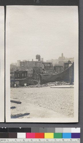 [View looking southwest from Telegraph Hill. Ruined tower of Hall of Justice, center; Grace Church on Nob Hill in distance, right.]