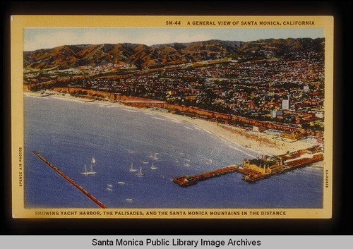 Aerial view of Santa Monica Pier looking north to the Santa Monica Mountains