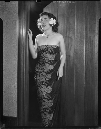Singer Betty Jo Lefebvre in strapless gown, [1951?]
