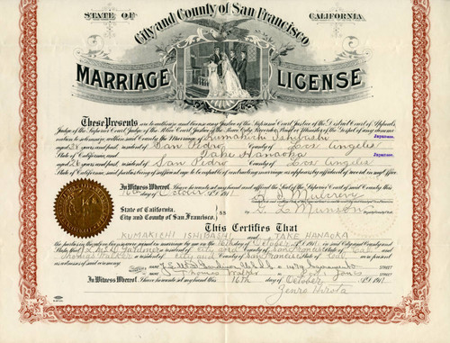 Marriage License of Kumekichi Ishibashi and Take Hanaoka