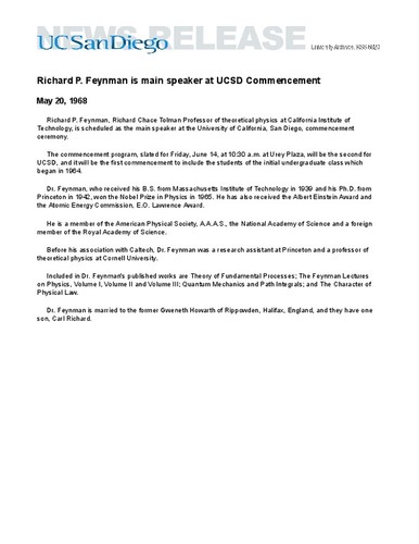 Richard P. Feynman is main speaker at UCSD Commencement