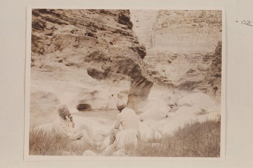 Joe Desloge (left) talks the situation over with Randall Henderson at the mouth of Supai Creek; Nevills party