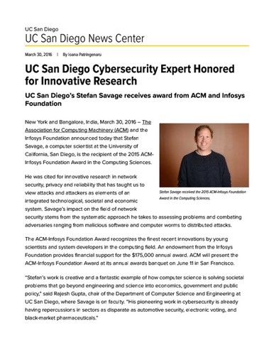 UC San Diego Cybersecurity Expert Honored for Innovative Research
