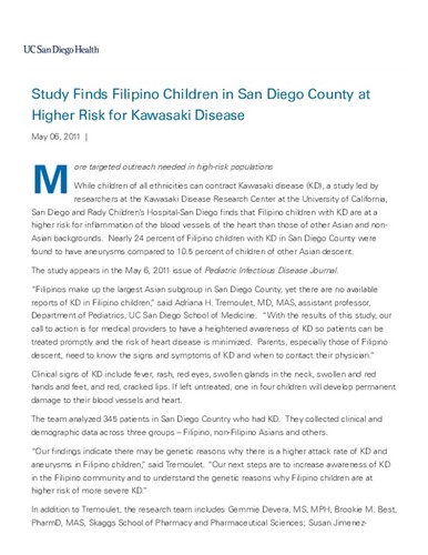 Study Finds Filipino Children in San Diego County at Higher Risk for Kawasaki Disease