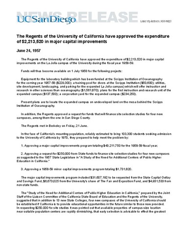 The Regents of the University of California have approved the expenditure of $2,213,520 in major capital improvements